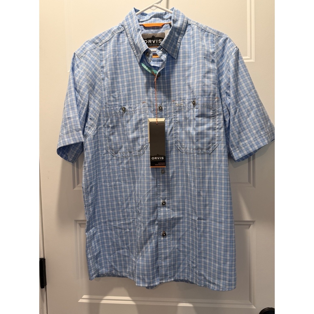 ORVIS Mens M Blue Plaid Tech Chambray Shirt S/S Active Fit Fishing NWT $89